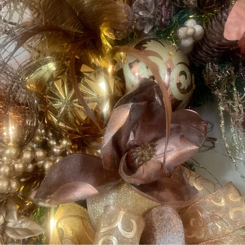 New Large 32” Elegant Floral Christmas Bronze Gold Luxury Wreath With Lights